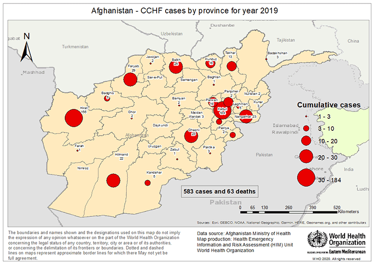 Fig 12. Geographical distribution of CCHF cases and related deaths reported from Afghanistan in 2019 Fig 12. Geographical distribution of CCHF cases and related deaths reported from Afghanistan in 2019