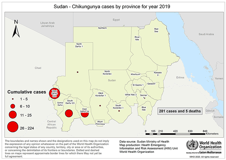 Fig 4. Geographical distribution of chikungunya cases reported in 2019 (Week 38‒52), Sudan Fig 4. Geographical distribution of chikungunya cases reported in 2019 (Week 38‒52), Sudan