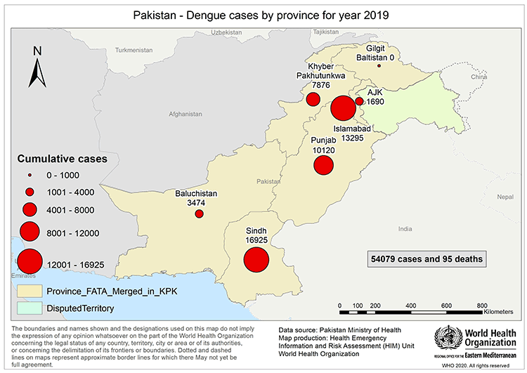 Fig 14. Geographical distribution of confirmed dengue fever cases reported from Pakistan in 2019 Fig 14. Geographical distribution of confirmed dengue fever cases reported from Pakistan in 2019