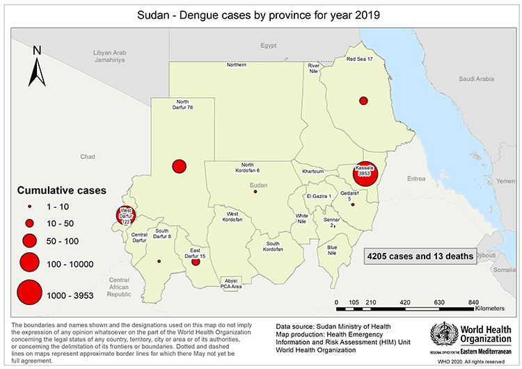 Fig 16. Geographical distribution of dengue fever cases reported from Sudan in 2019 Fig 16. Geographical distribution of dengue fever cases reported from Sudan in 2019