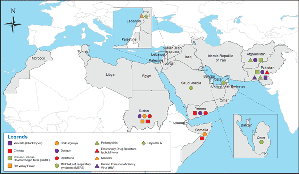 Fig 1. Countries of WHO Eastern Mediterranean Region reporting infectious disease outbreaks in 2019 Fig 1. Countries of WHO Eastern Mediterranean Region reporting infectious disease outbreaks in 2019