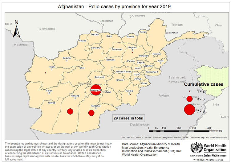 Fig 31. Geographical distribution of poliomyelitis (WPV1) cases reported from Afghanistan in 2019 Fig 31. Geographical distribution of poliomyelitis (WPV1) cases reported from Afghanistan in 2019