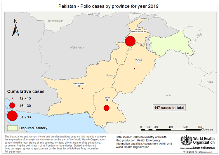 Fig 32. Geographical distribution of poliomyelitis (WPV1) cases reported from Pakistan in 2019 Fig 32. Geographical distribution of poliomyelitis (WPV1) cases reported from Pakistan in 2019