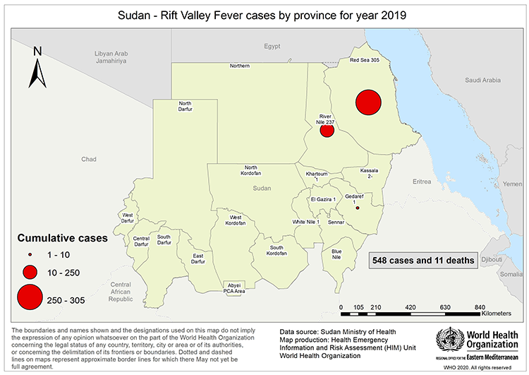 Fig 34. Geographical distribution of Rift Valley fever cases reported from Sudan in 2019 Fig 34. Geographical distribution of Rift Valley fever cases reported from Sudan in 2019