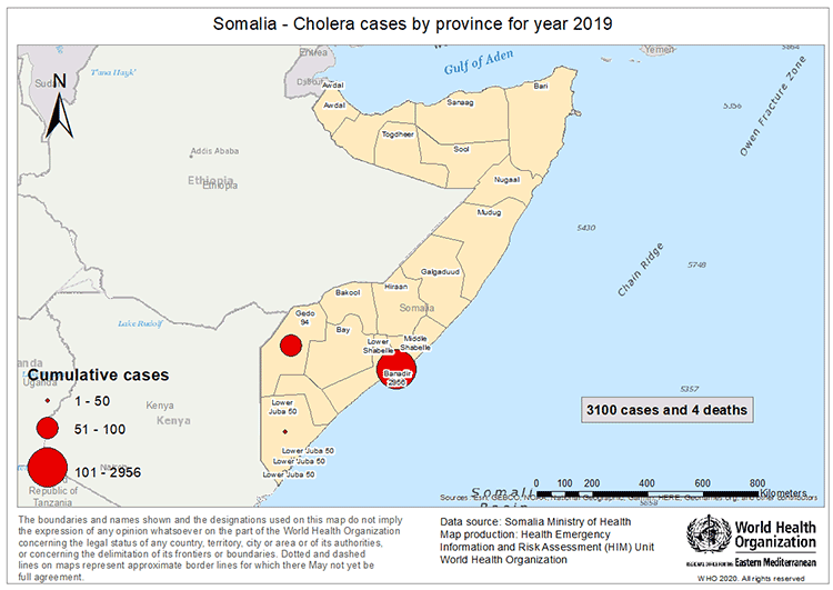 Fig 6. Geographical distribution of suspected cholera cases reported from Somalia in 2019 Fig 6. Geographical distribution of suspected cholera cases reported from Somalia in 2019