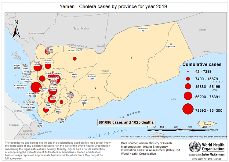 Fig 10. Geographical distribution of suspected cholera cases reported from Yemen in 2019 Fig 10. Geographical distribution of suspected cholera cases reported from Yemen in 2019