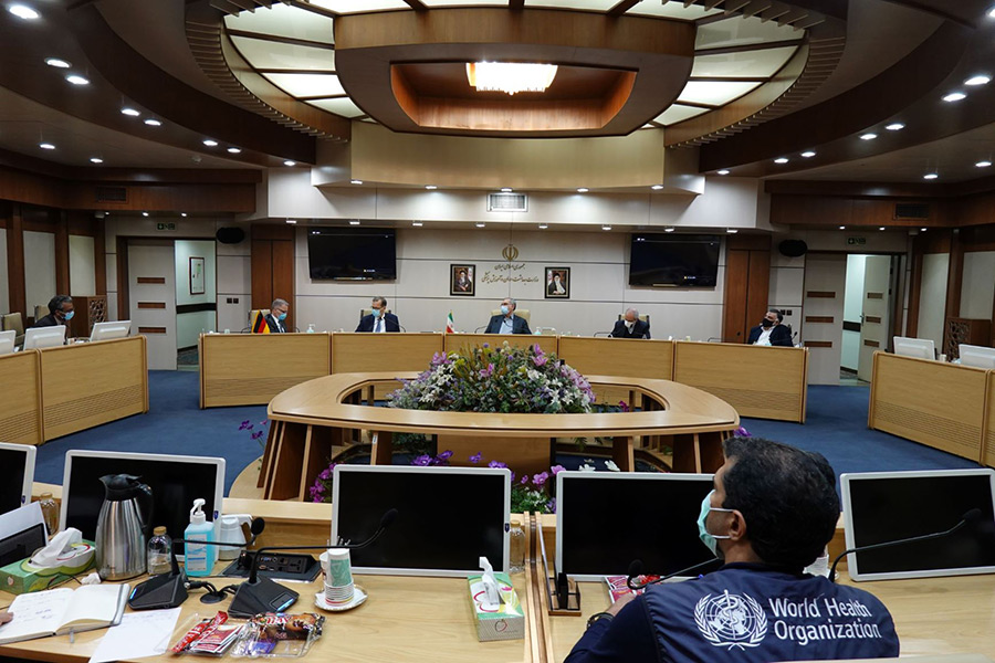 RKI team sit at a meeting with Health Minister Dr Bahram Eynollahi, German ambassador to Tehran Mr Hans-Udo Mutzel, and WHO representative Iran Dr Syed Jaffar Hussain. Photo: WHO/ Islamic Republic of Iran