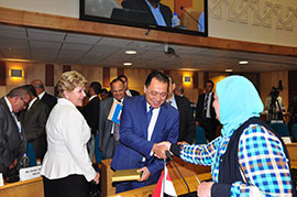 Dr Ali Saad Al-Obaidi, Minister of Health of Kuwait, talks to the media
