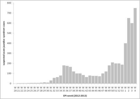 Cas de syndrome de jaunisse aiguë par semaine dans le comté de Maban, au Soudan du Sud, 2012-2013 (n = 6340)