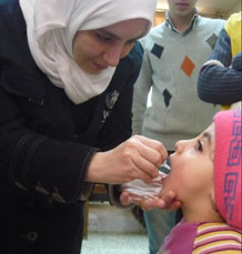 Every day, thousands of local and international public health workers, community members, and volunteers on all sides of this conflict risk their lives to deliver basic services, including and especially immunisation, to all Syrians. Photo credit: Tarik Jasarevic/WHO.