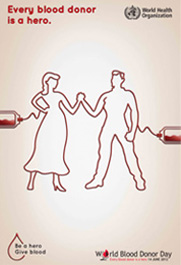 World Blood Donor Day poster showing silhouettes of a man and woman joining hands as they give blood