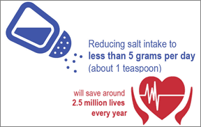 A salt shaker and picture of a heart with the text: reducing salt intake to less than 5 grams per day (about 1 teaspoon) will save around 2.5 million lives every year