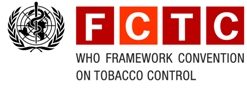 Image of the official logo for the Framework Convention on Tobacco Control. It comprises three parts: the World Health Organization's emblem; the four letters of the FCTC in white, each inside a red box; and the full name of the Convention in black below the red boxes. 